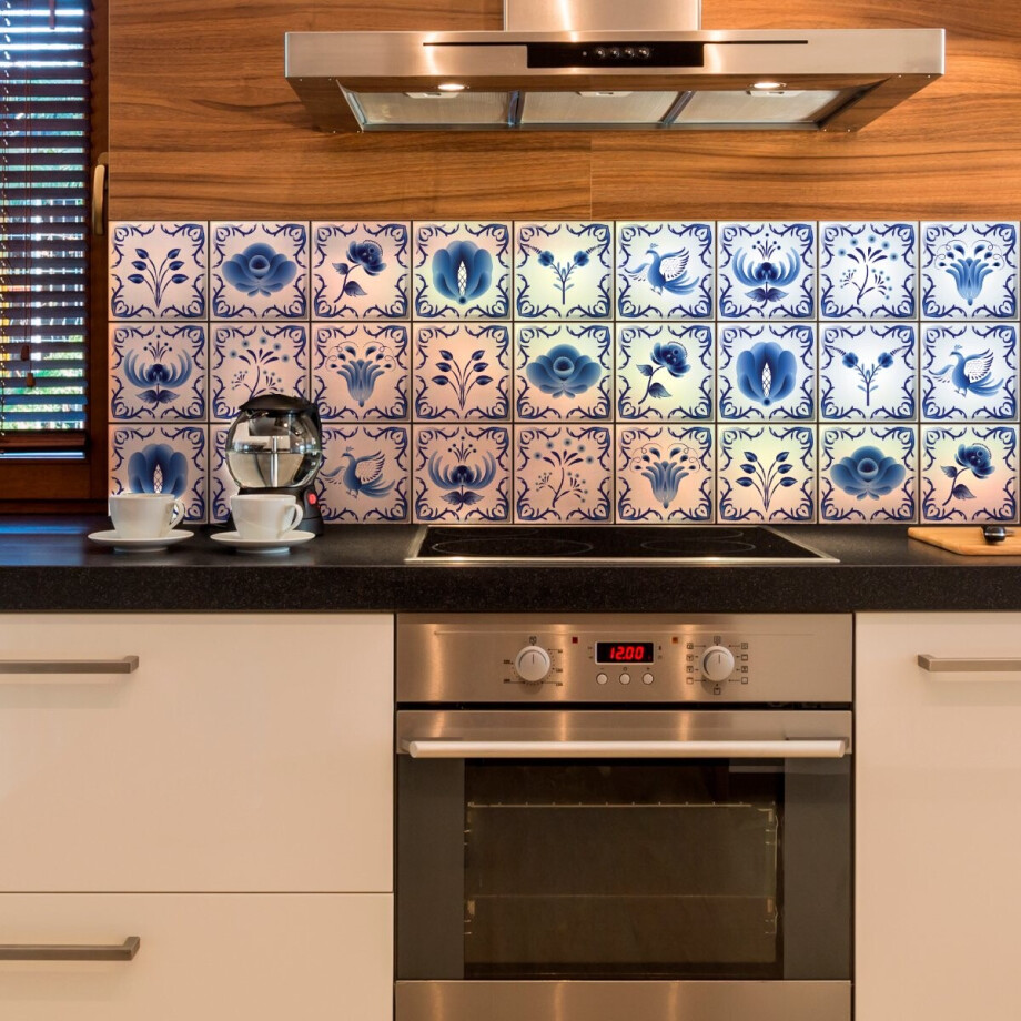 Muurstickers - Zelfklevende tegelmuurstickers voor keuken en badkamer - 9 Delftsblauwe tegelstickers - 9 stickers 10x10cm afbeelding 1