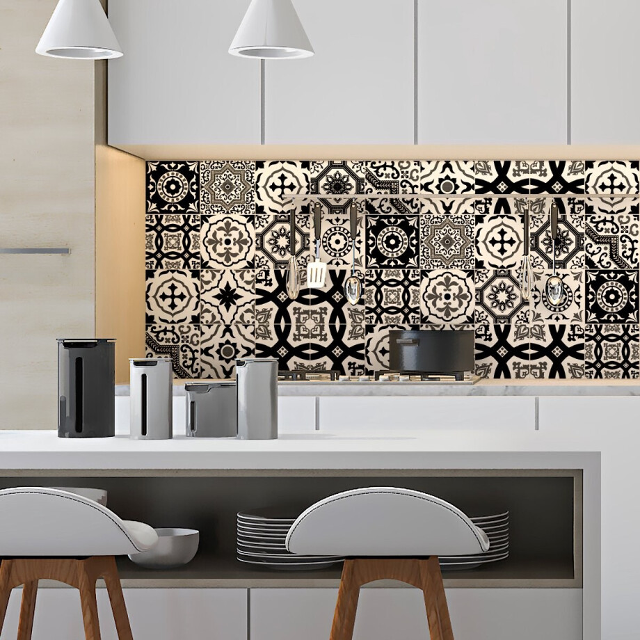 Zelfklevende tegelmuurstickers voor keuken en badkamer - 16 moderne Azulejo tegelstickers in zwart-wit tinten - 16 stickers, 15x15cm Zelfklevende tegelmuurstickers voor keuken en badkamer - 16 moderne Azulejo tegelstickers in zwart-wit tinten - 16 stickers, 15x15cm afbeelding 1