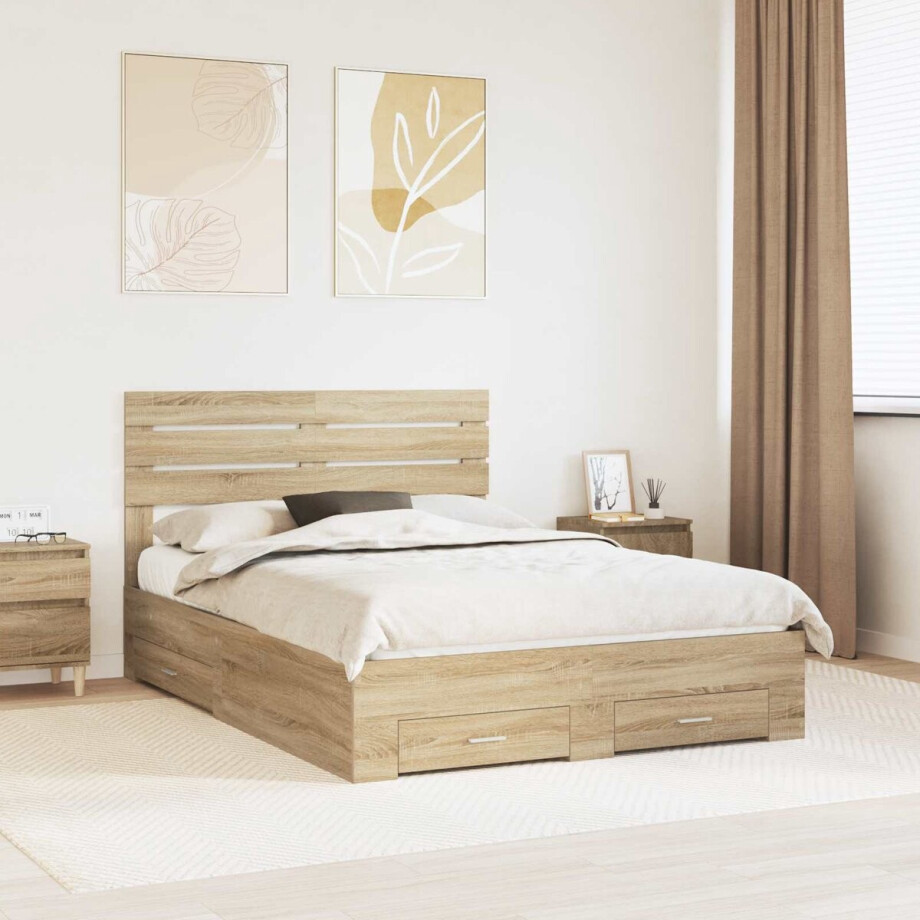 vidaXL - Bedframe - met - lade - Sonoma - Eik - 150 - x - 200 - cm - Bewerkt - hout afbeelding 1
