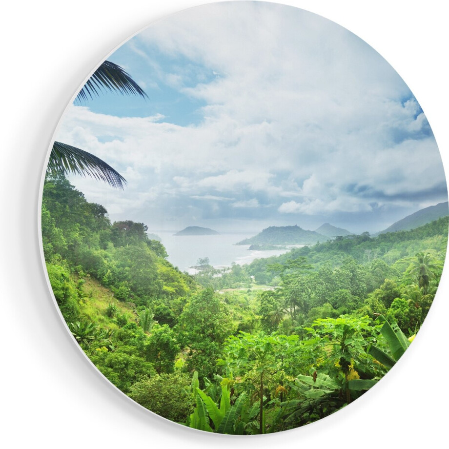Artaza Forex Muurcirkel Jungle Uitzicht Op De Seychellen - 90x90 cm - Groot - Wandcirkel - Rond Schilderij - Muurdecoratie Cirkel afbeelding 1