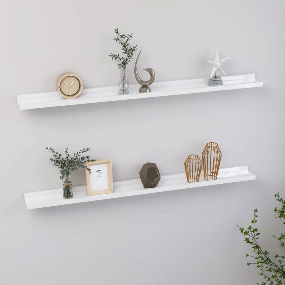vidaXL Wanddecoratie - Wandplanken - Wandschappen 2 st 100x9x3 cm hoogglans wit - Opslagoplossing - Mdf Planken - Witte Wandplank afbeelding 1