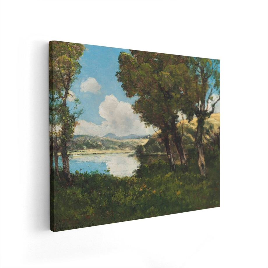 Artaza Canvas Schilderij Schilderachtig Landschap met meer - Bomen en Glooiende Heuvels onder een Blauwe Hemel - 50x40 cm - Wanddecoratie Woonkamer - Schilderijen - Muurdecoratie afbeelding 1