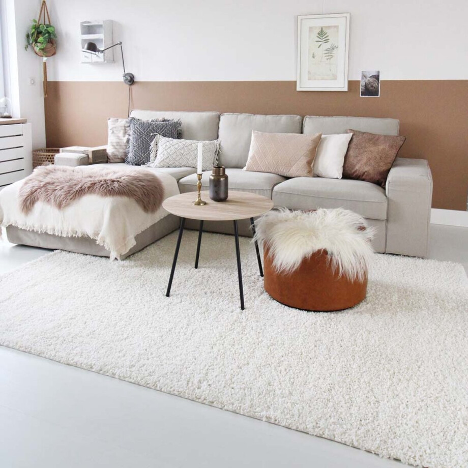 Vierkant hoogpolig vloerkleed shaggy Trend effen - crème 200x200 cm Vierkant hoogpolig vloerkleed shaggy Trend effen - crème 200x200 cm afbeelding 1