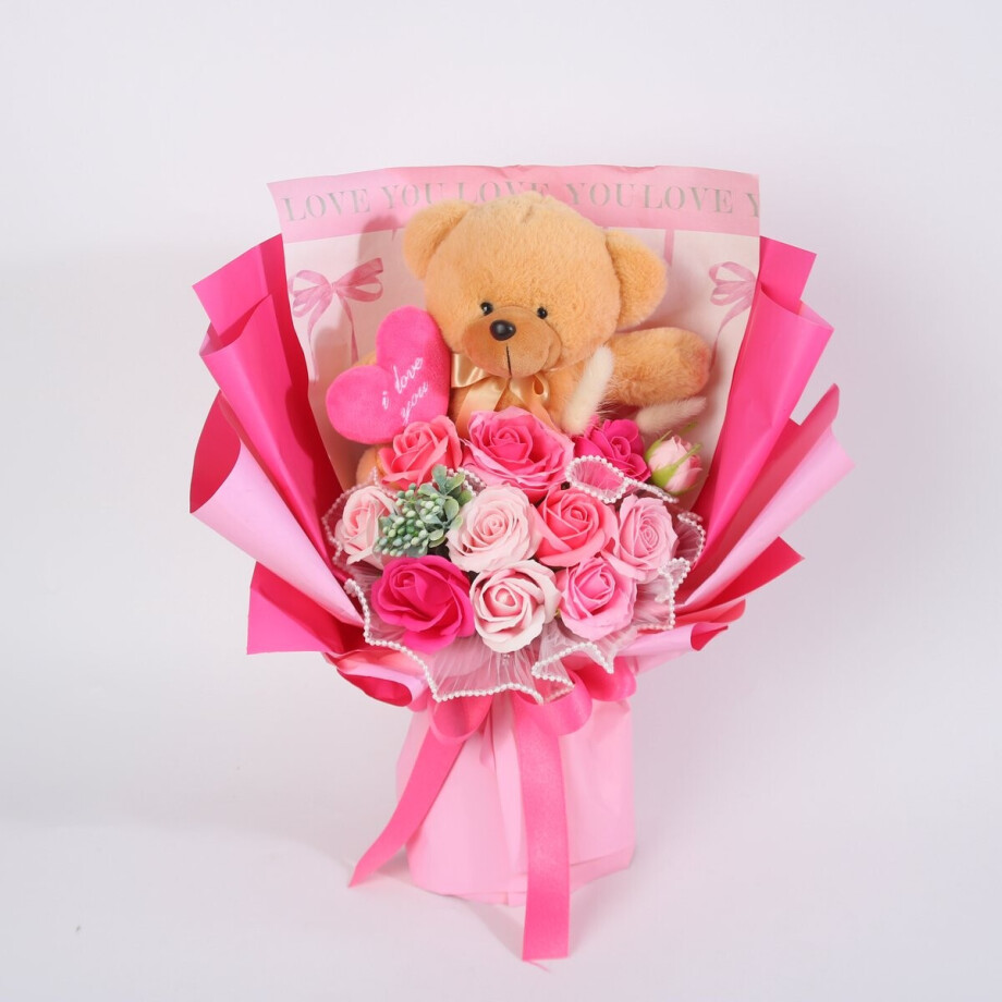La Roselle Amsterdam Teddybeer met Kunstrozen – Luxe Roze Cadeauboeket – Pluchen Beer met Hartje – Sweet Teddy Rose Bouquet Collection afbeelding 1