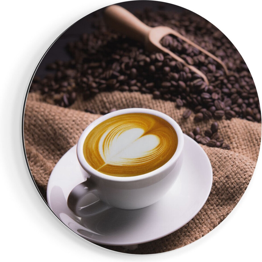 Artaza Dibond Muurcirkel Kopje Koffie In Een Hartje Met Koffiebonen - Ø 90 cm - Groot - Wandcirkel - Rond Schilderij - Voor Binnen en Buiten afbeelding 1