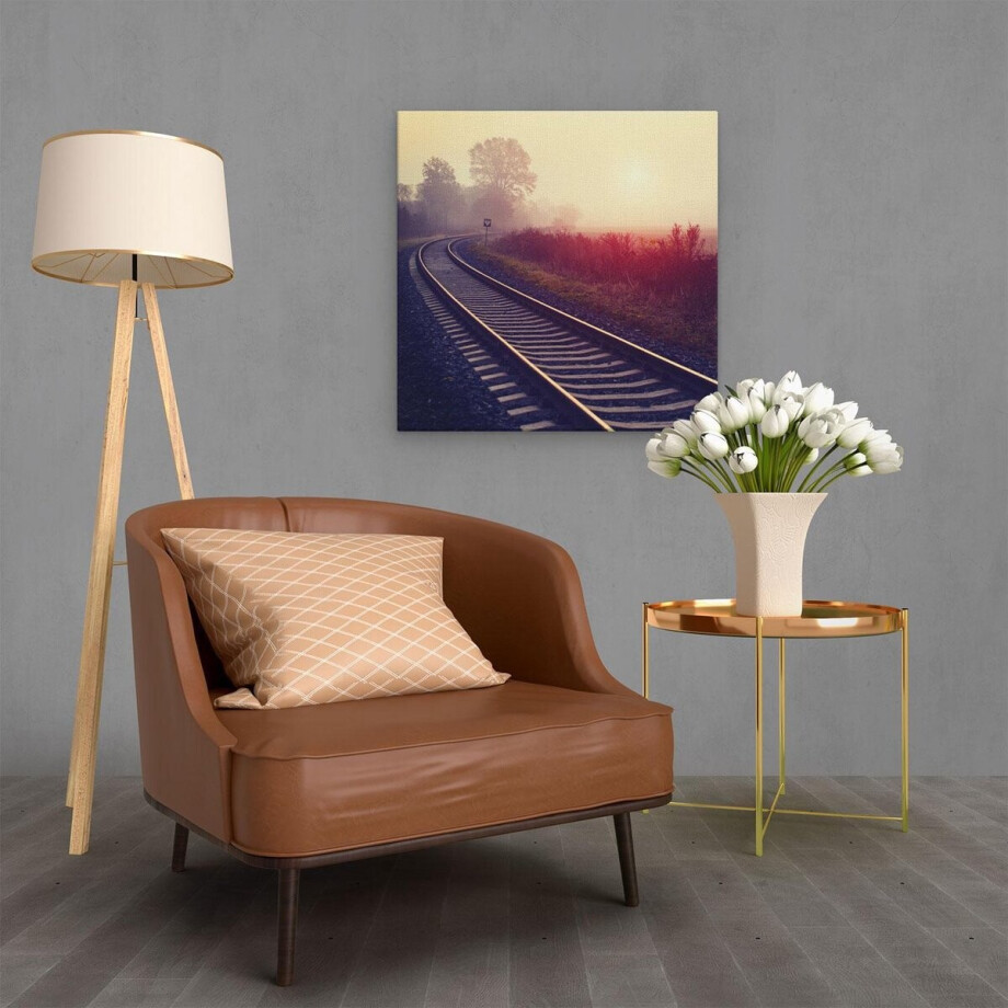 Artaza Canvas Schilderij Spoorweg - 60x60 cm - Wanddecoratie Zonsondergang - Muurdecoratie Natuur - Schilderijen Landschap Mist afbeelding 1