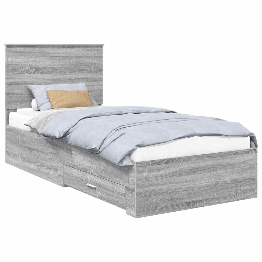 vidaXL - Bedframe - met - hoofdeinde - Grijs - Sonoma - 90 - x - 190 - cm - Bewerkt - hout afbeelding 1