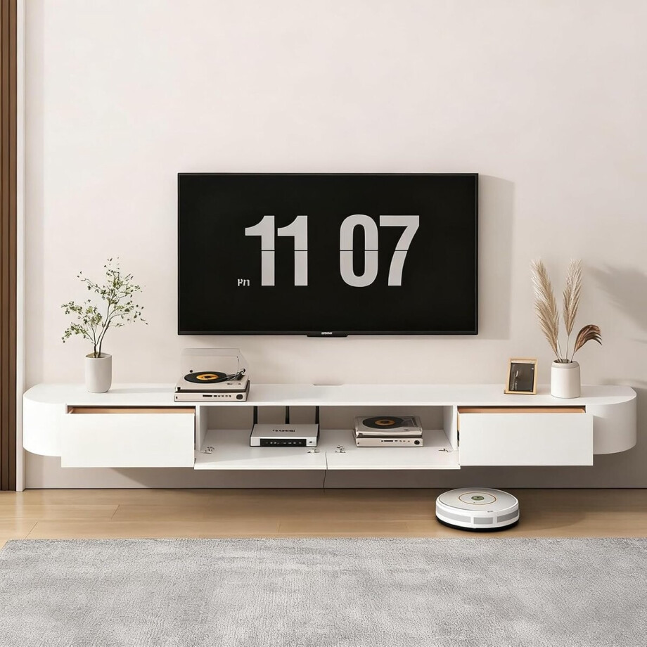 TV-meubel zwevend 180x24x20 cm wit – Modern tv-dressoir met 2 lades en klepdeur, wandgemonteerde tv-kast met kabelbeheer voor woonkamer en eetkamer – Milano Wall 180 – Abkantoor afbeelding 1
