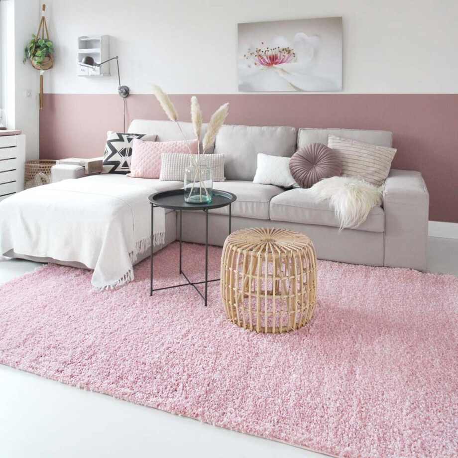 Hoogpolig vloerkleed shaggy Trend effen - lichtroze 60x110 cm afbeelding 1