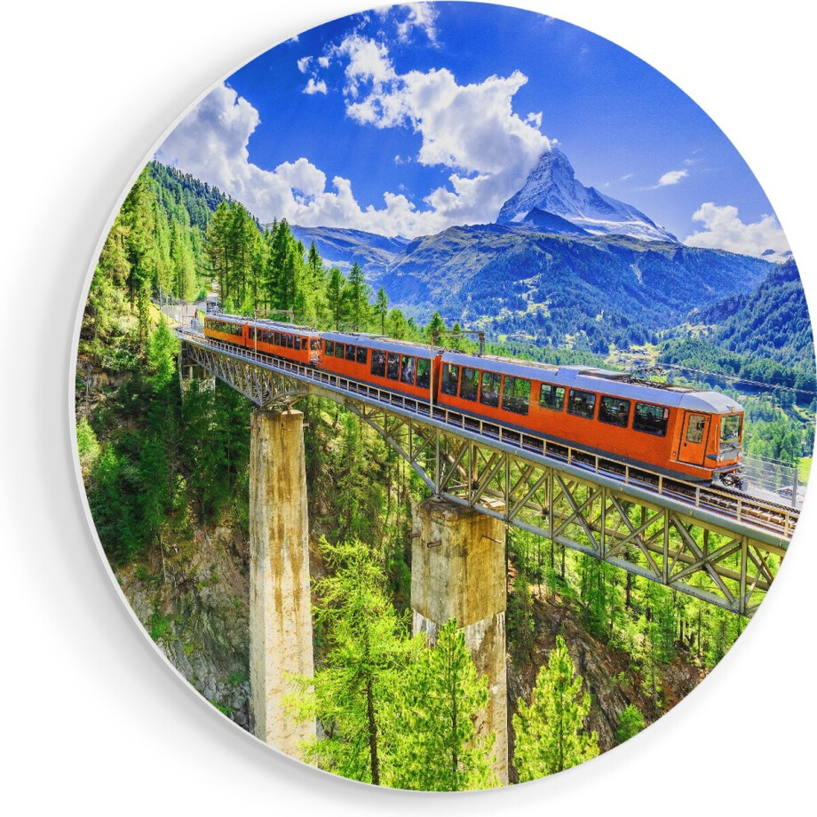 Artaza Forex Muurcirkel Trein op een Brug bij een Waterval in Zwitserland - 80x80 cm - Groot - Wandcirkel - Rond Schilderij - Wanddecoratie Cirkel afbeelding 1