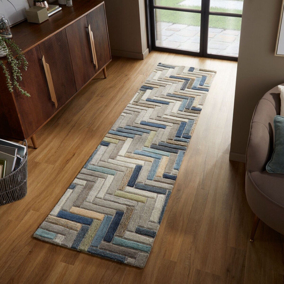 Flycarpets Loper Russo Modern Laagpolig - 100% Wol - Geo Vloerkleed - Naturel / Multi - 60x230 cm afbeelding 1