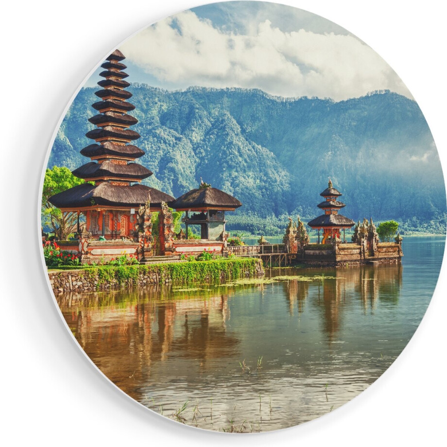 Artaza Forex Muurcirkel Pura Tempel in Bali op het meer Beratan - 80x80 cm - Groot - Wandcirkel - Rond Schilderij - Wanddecoratie Cirkel afbeelding 1