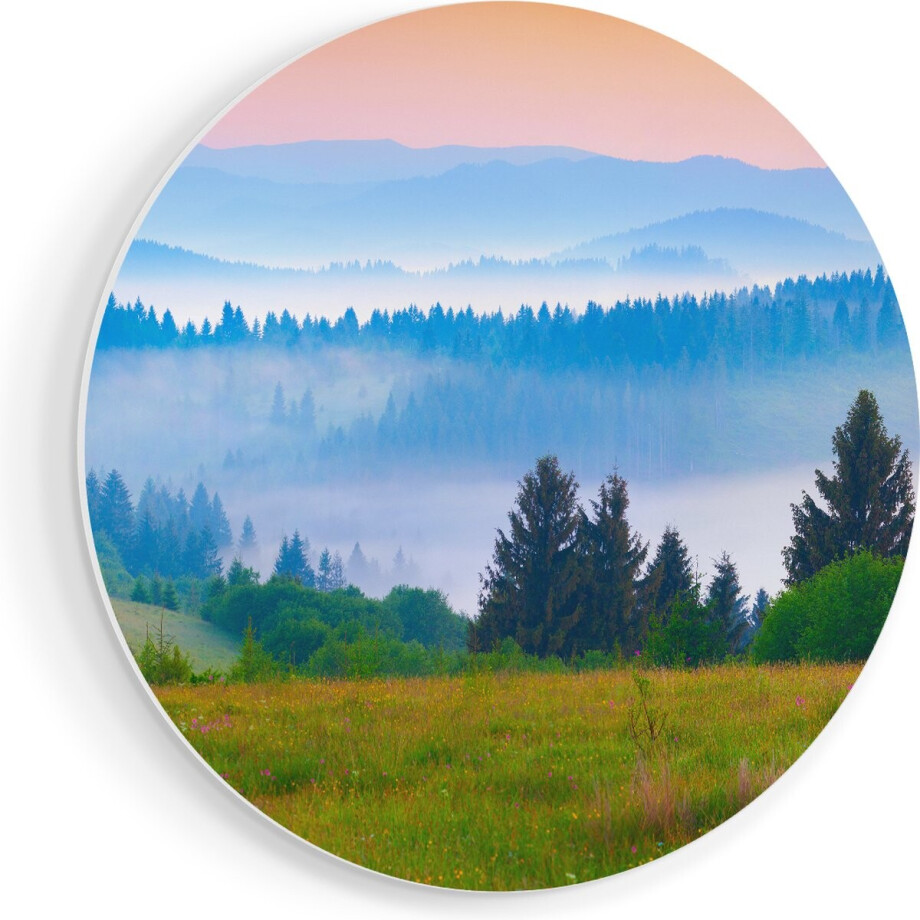 Artaza Forex Muurcirkel Mistige Heuvel Landschap Met Bossen - 80x80 cm - Groot - Wandcirkel - Rond Schilderij - Wanddecoratie Cirkel afbeelding 1