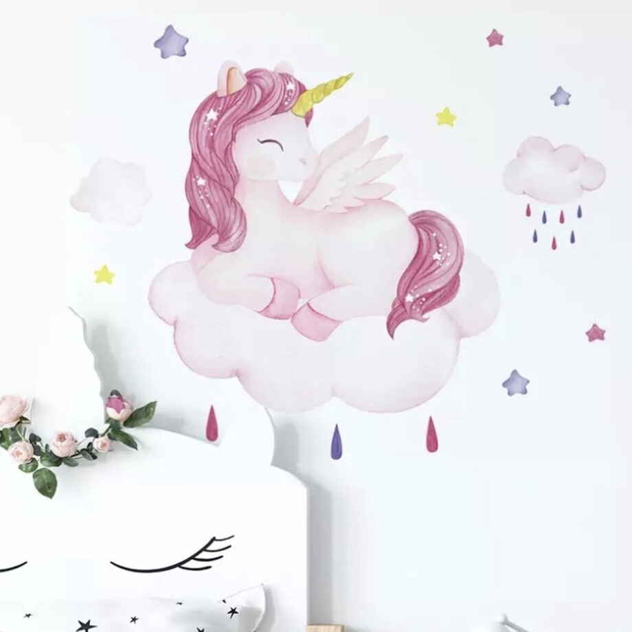 Muursticker Unicorn - Muursticker Kinderkamer Unicorn - 58x48 CM - Pasteltinten afbeelding 1