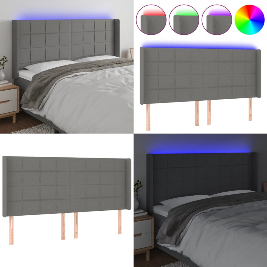 vidaXL - Hoofdbord - LED - 203x16x118/128 - cm - stof - donkergrijs afbeelding 1