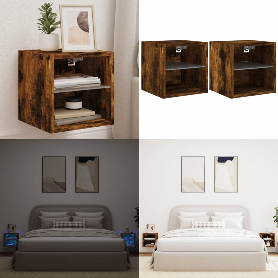 vidaXL Tv-wandmeubels met LED 2 st 30x28,5x30 cm gerookt eikenkleurig - Tv-wandmeubel - Tv-wandmeubelen - Wandkast - Tv-meubel afbeelding 1