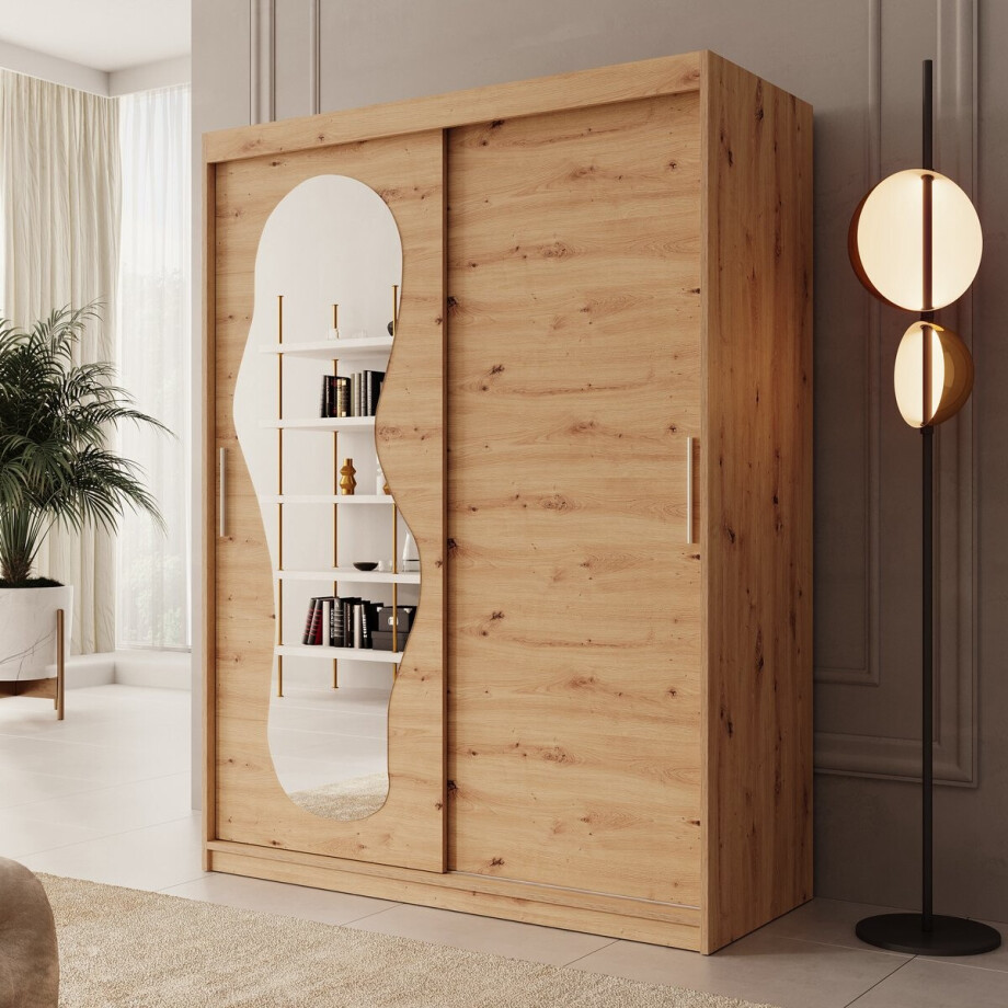 Meubella - Kledingkast Ulysses - Eiken - 150 cm - Met spiegel afbeelding 1