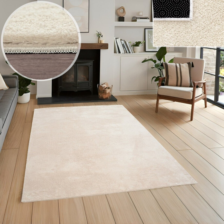 Laagpolig Vloerkleed - Crème - Effen Design - Wasbaar Tapijt Woonkamer - 160x220 cm afbeelding 1