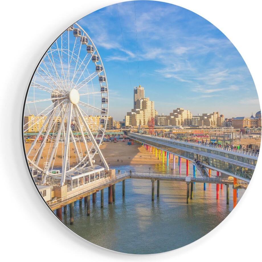 Artaza Dibond Muurcirkel Scheveningen Pier met de Ferris Wheel - Reuzenrad - Ø 40 cm - Klein - Wandcirkel - Rond Schilderij - Voor Binnen en Buiten afbeelding 1