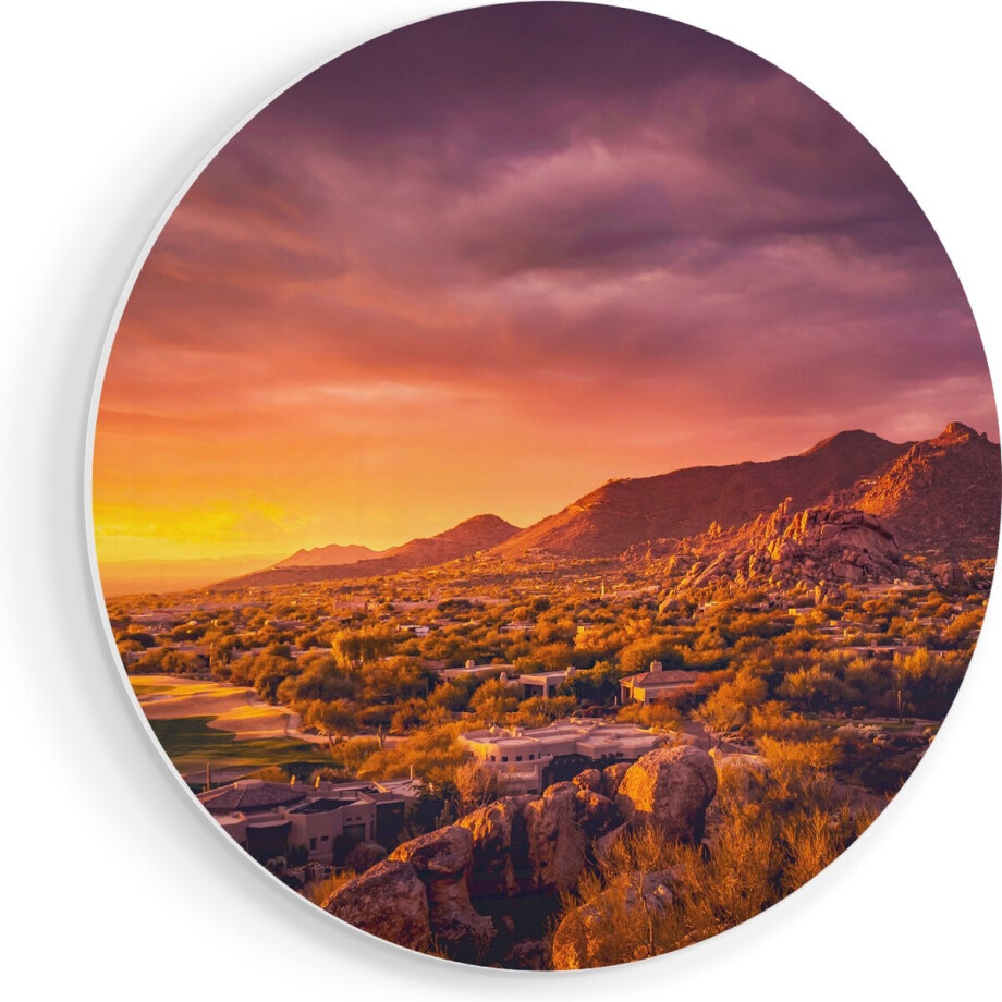 Artaza Forex Muurcirkel Woestijn Landschap Met Zonsondergang - 90x90 cm - Groot - Wandcirkel - Rond Schilderij - Muurdecoratie Cirkel afbeelding 1