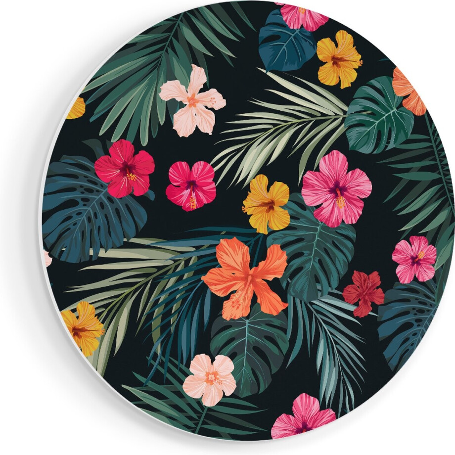 Artaza Forex Muurcirkel Getekende Tropische Bloemen - Abstract - 90x90 cm - Groot - Wandcirkel - Rond Schilderij - Muurdecoratie Cirkel afbeelding 1