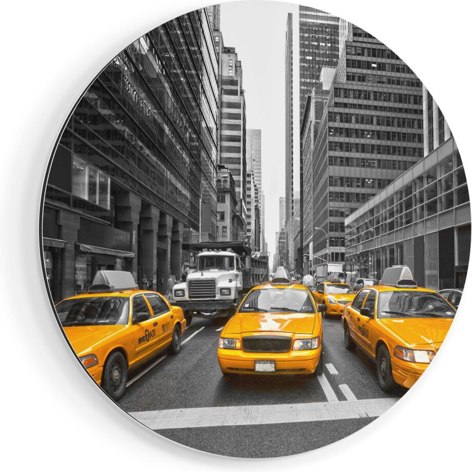 Artaza Dibond Muurcirkel New York Gele Taxi's - Zwart Wit - Ø 50 cm - Klein - Wandcirkel - Rond Schilderij - Voor Binnen en Buiten afbeelding 1