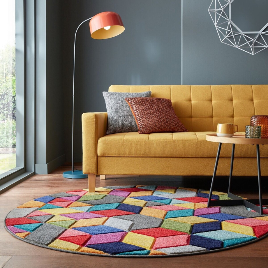 Flycarpets Rond Kleurrijk Vloerkleed - Dynamic - Laagpolig - Geometrisch - Multi - 160x160 cm afbeelding 1