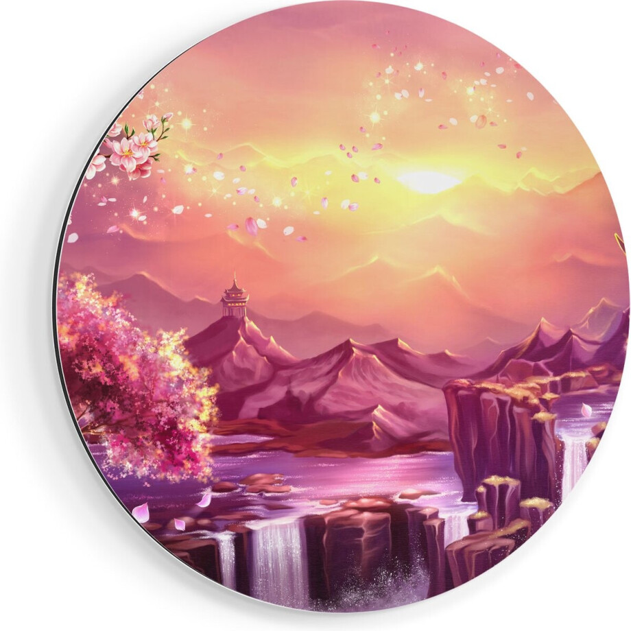 Artaza Dibond Muurcirkel Illustratie Van Watervallen Met Bloesems - Ø 80 cm - Groot - Wandcirkel - Rond Schilderij - Voor Binnen en Buiten afbeelding 1