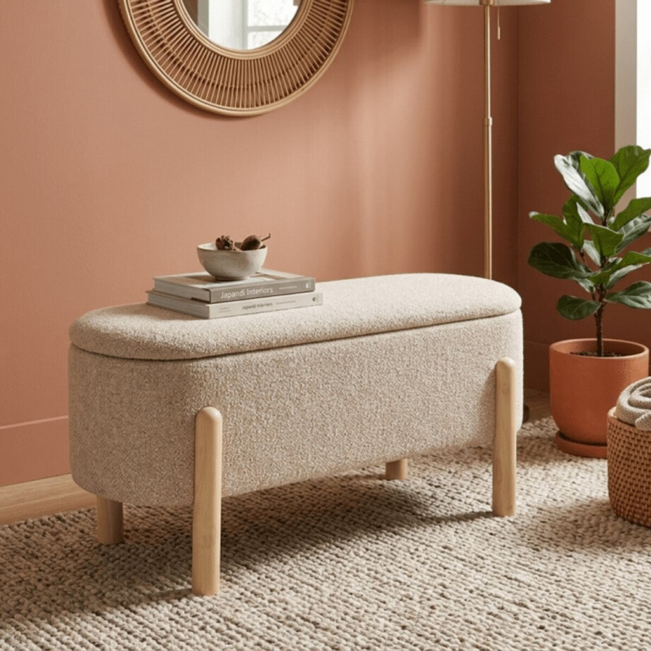 Opbergbank Liva – Beige Stof – Met Opbergruimte – 86,5 x 36,5 x 40 cm afbeelding 1