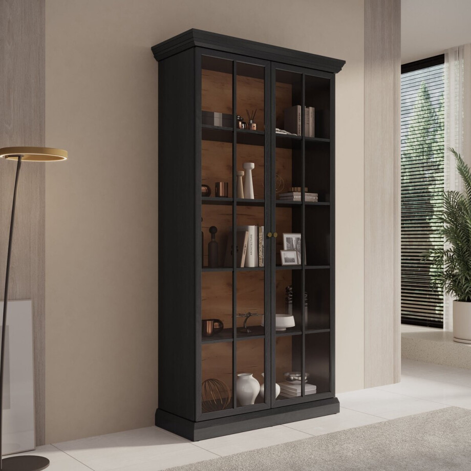 Meubella - Vitrinekast Leroy - Zwart eiken - 102 cm afbeelding 1