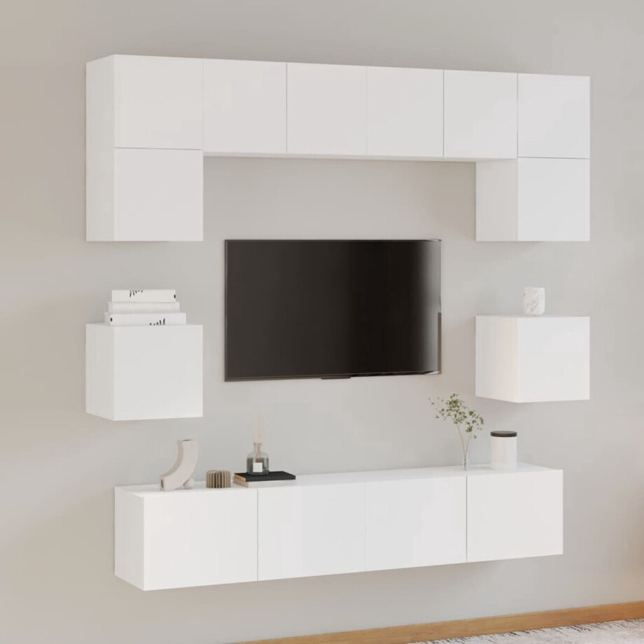 vidaXL 8-delige Tv-meubelset bewerkt hout wit - Tv-kast - Tv-kasten - Tv-meubel - Hifi-meubel afbeelding 1