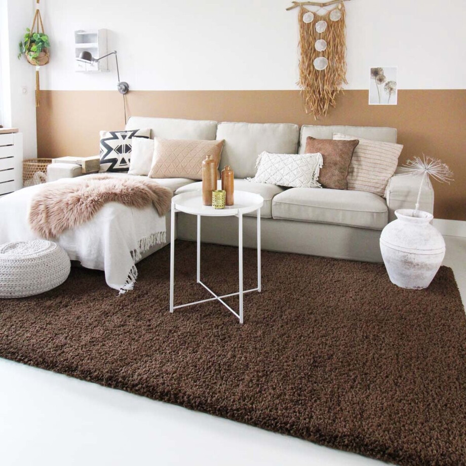 Vierkant hoogpolig vloerkleed - Shaggy Trend bruin 240x240 afbeelding 1
