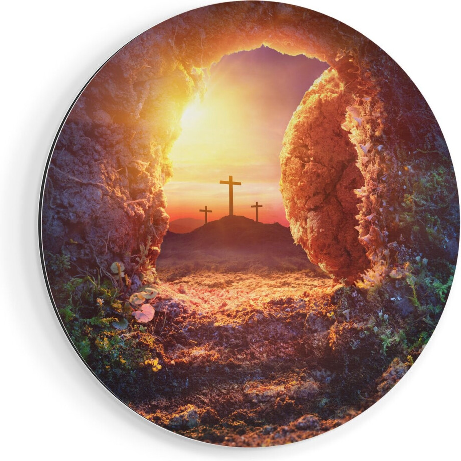 Artaza Dibond Muurcirkel Kruisiging bij Zonsopgang - Opstanding Jezus - Ø 50 cm - Klein - Wandcirkel - Rond Schilderij - Voor Binnen en Buiten afbeelding 1