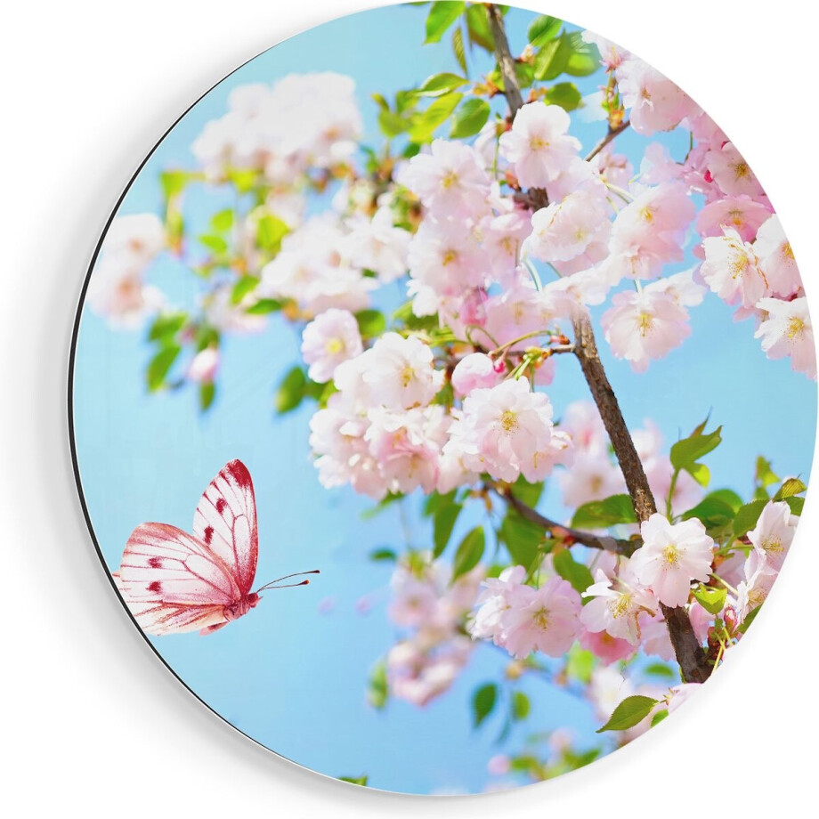 Artaza Dibond Muurcirkel Twee Roze Vlinders Bij Roze Bloesem Bloemen - Ø 90 cm - Groot - Wandcirkel - Rond Schilderij - Voor Binnen en Buiten afbeelding 1