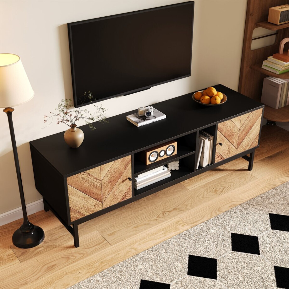 Lemonbest tv-meubel – 150x38x55 cm – Contrasterend zwart en hout design – Multifunctionele opbergruimte – Modern minimalistisch design. afbeelding 1