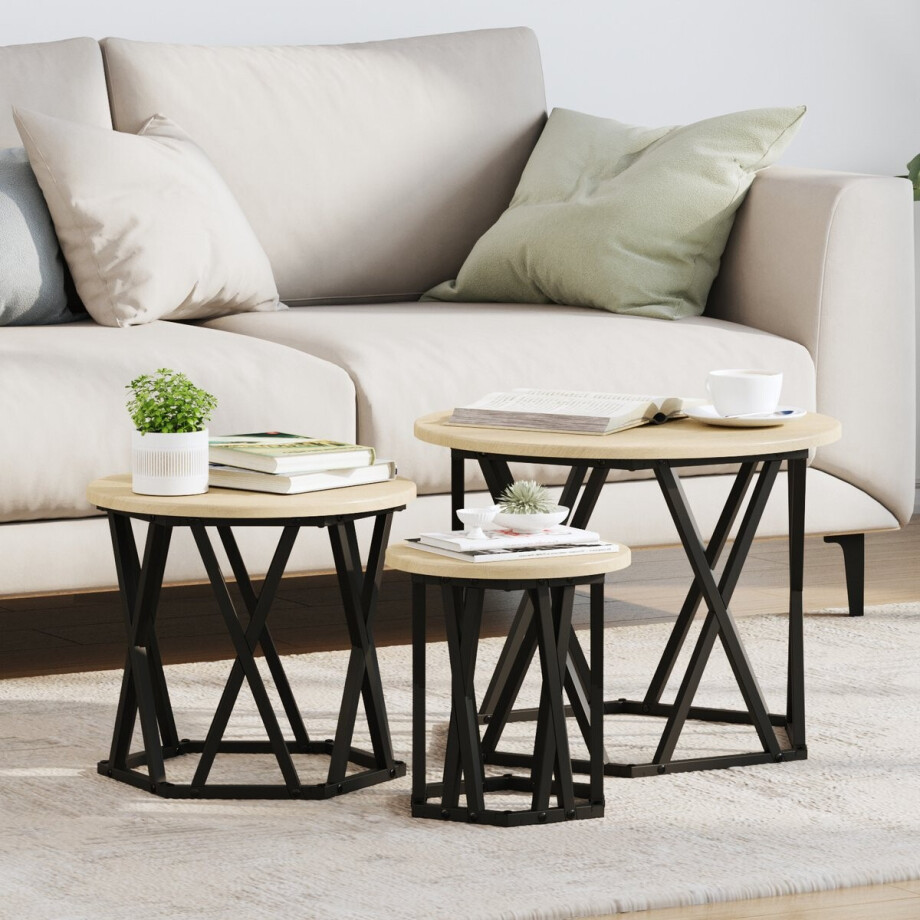 vidaXL - Nestende - Side - Table - 3 - pcs - Sonoma - Eik - Engineered - hout - en - staal afbeelding 1
