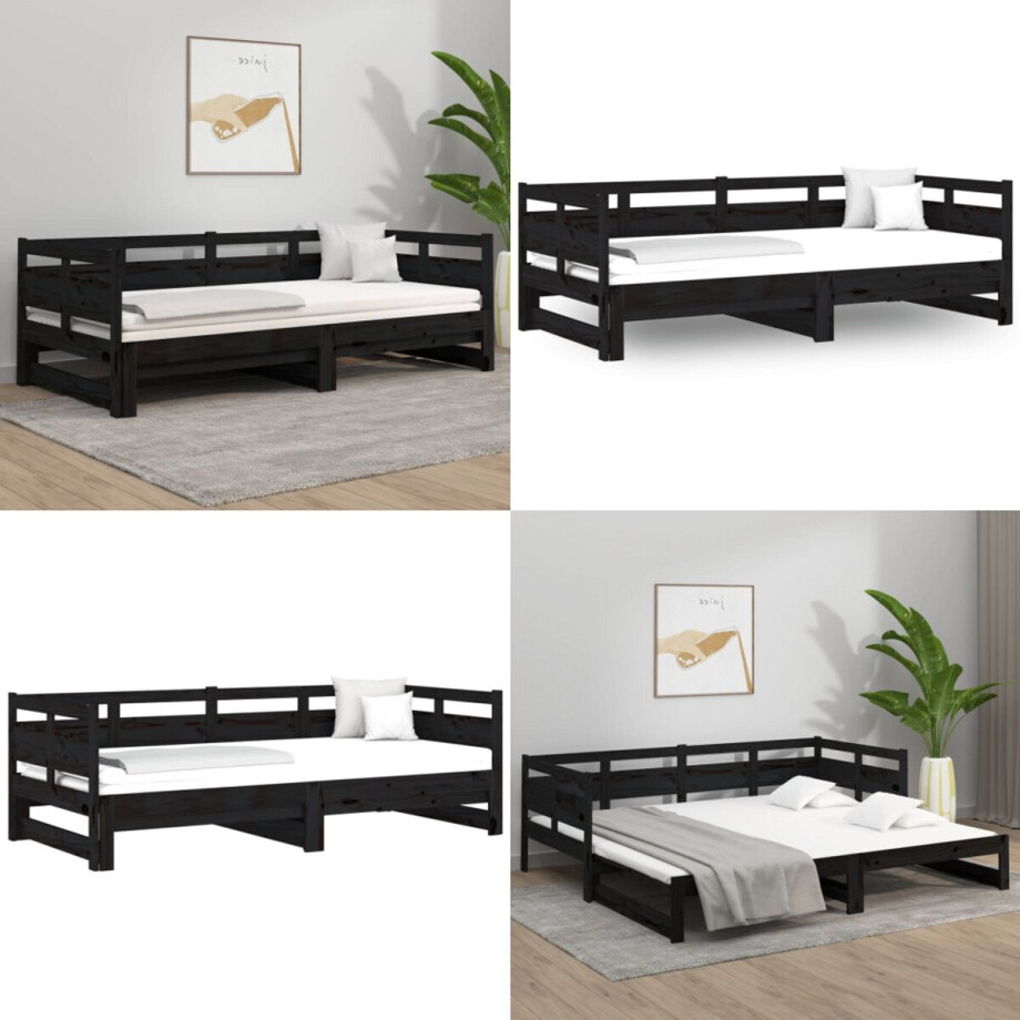 vidaXL - Slaapbank - uitschuifbaar - massief - grenenhout - zwart - 2x(80x200) - cm afbeelding 1