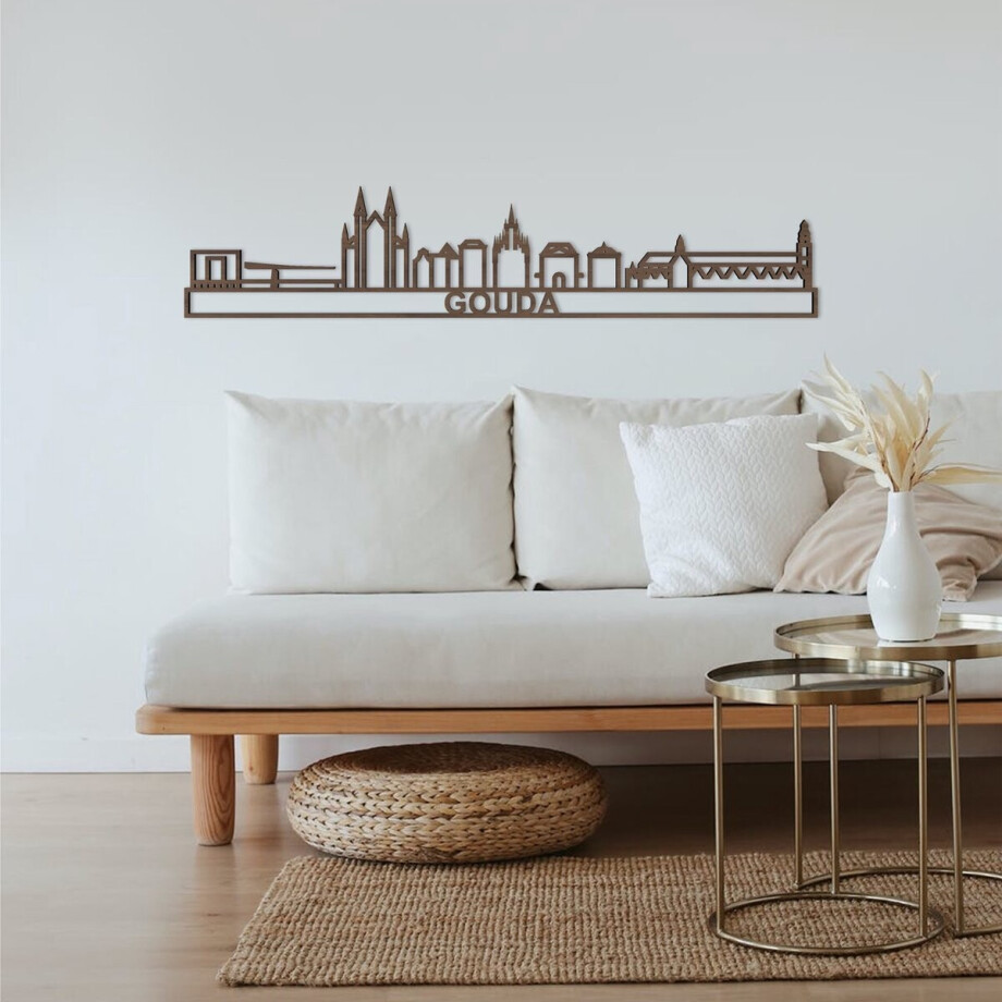 Skyline Gouda Notenhout 130 Cm Wanddecoratie Voor Aan De Muur Met Tekst City Shapes afbeelding 1