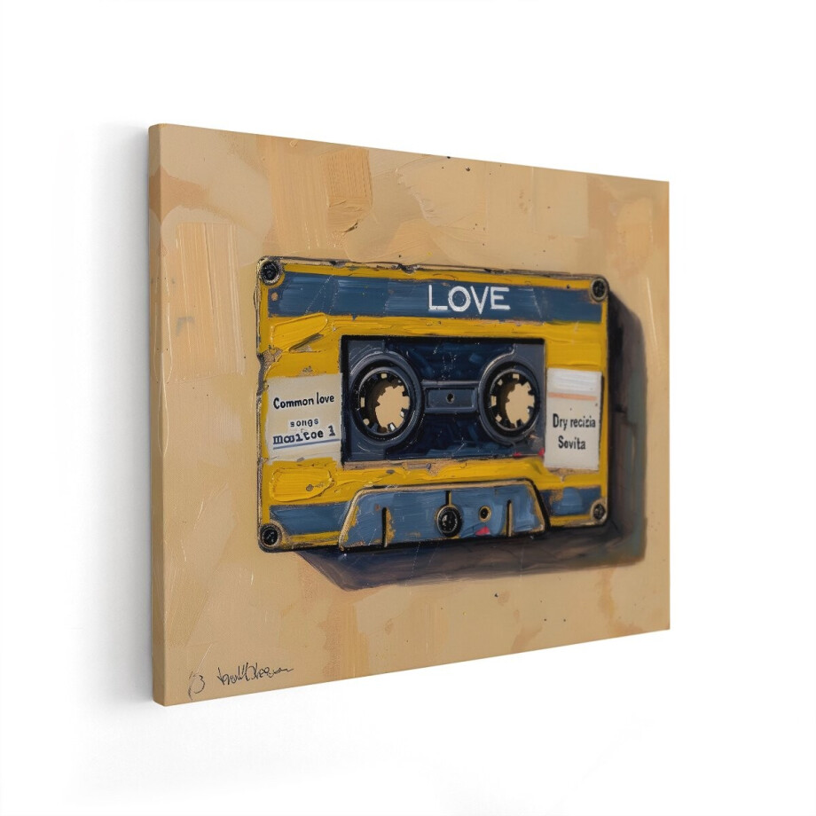 Artaza Canvas Schilderij Gele Cassetteband met de Tekst 'Love' en Labels - Kunstwerk - 100x80 cm - Wanddecoratie Woonkamer - Schilderijen - Muurdecoratie afbeelding 1