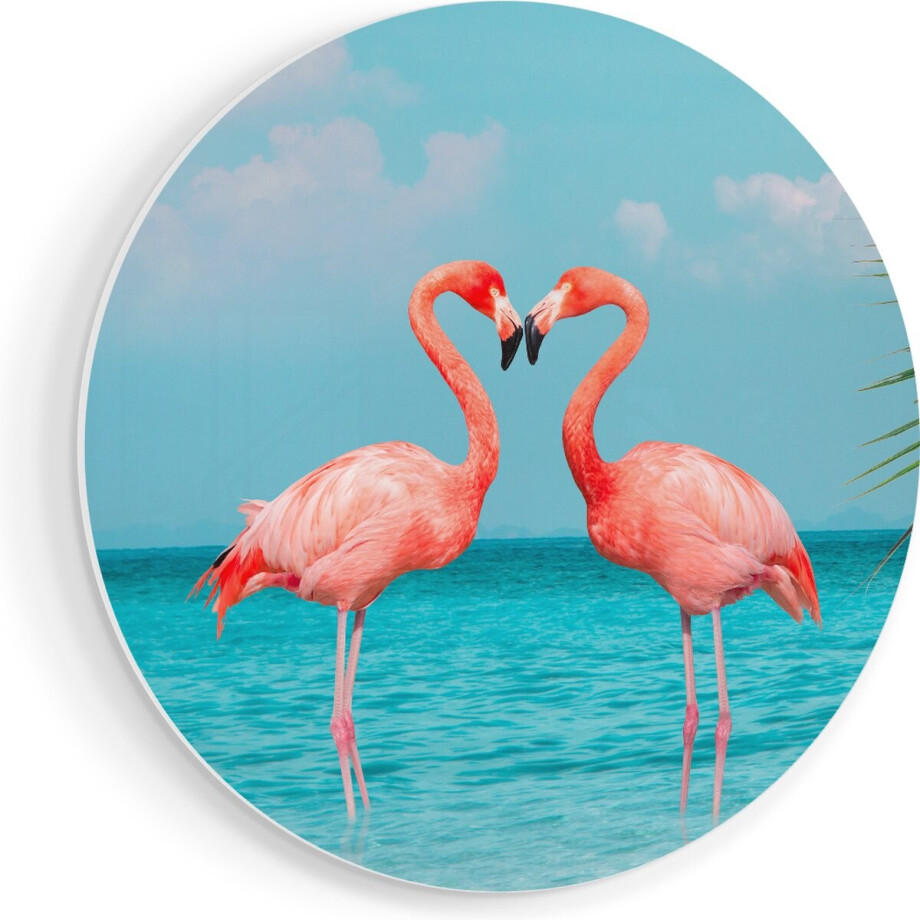 Artaza Forex Muurcirkel Twee Flamingo's in een Hart Vorm in het Water - 70x70 cm - Wandcirkel - Rond Schilderij - Wanddecoratie Cirkel - Muurdecoratie afbeelding 1