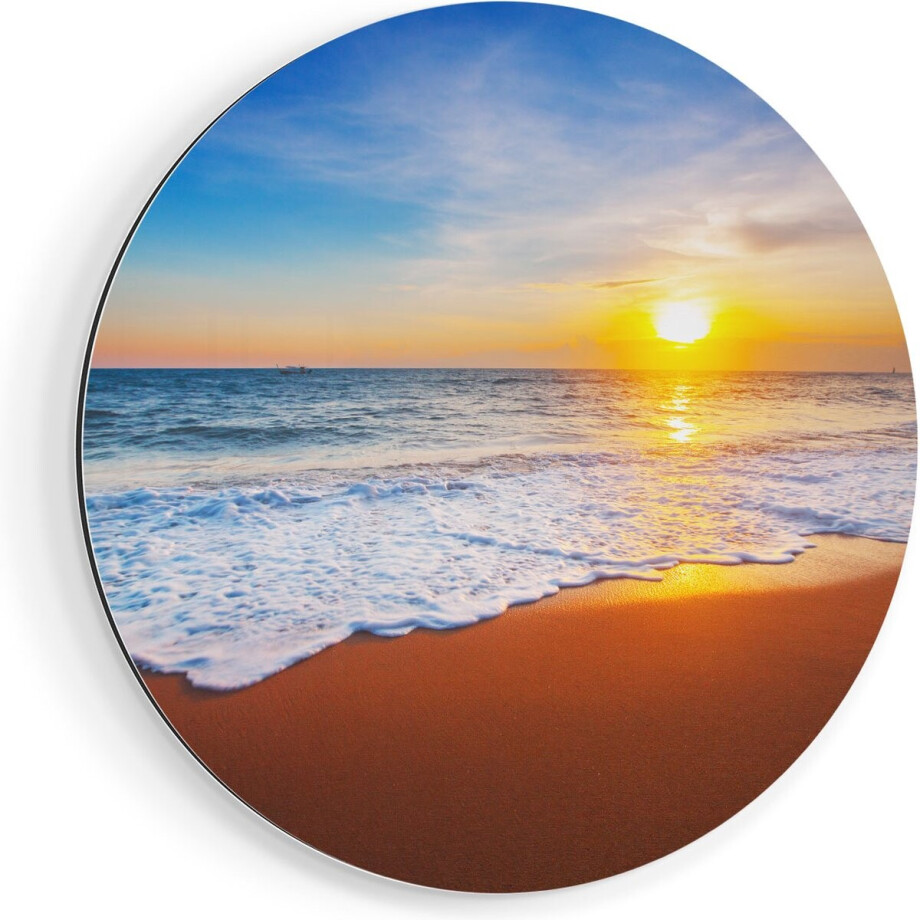 Artaza Dibond Muurcirkel Strand En Zee Tijdens Zonsondergang - Ø 70 cm - Wandcirkel - Rond Schilderij - Voor Binnen en Buiten afbeelding 1