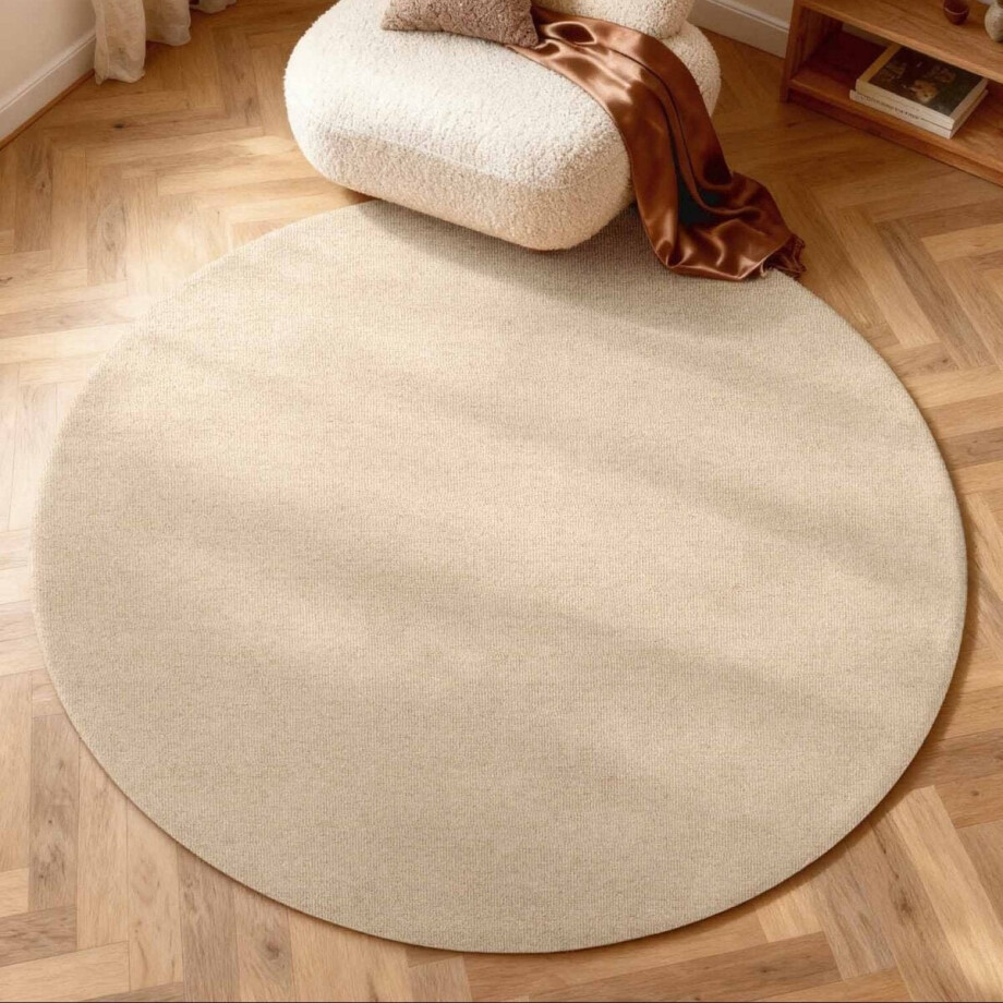 Elle Decoration Puristic rond wollen vloerkleed Knots Lichtbeige - Rond 160 Ø - (M) afbeelding 1