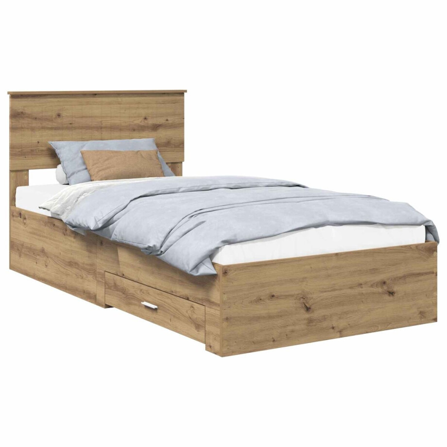 vidaXL - Bedframe - met - lade - Artisanaal - eiken - 100 - x - 200 - cm - Bewerkt - hout afbeelding 1