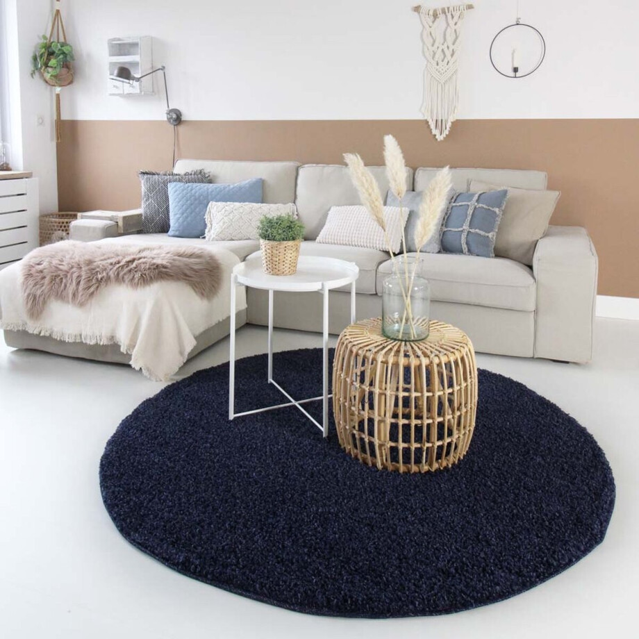 Rond hoogpolig vloerkleed - Shaggy Trend marineblauw 240 cm afbeelding 1