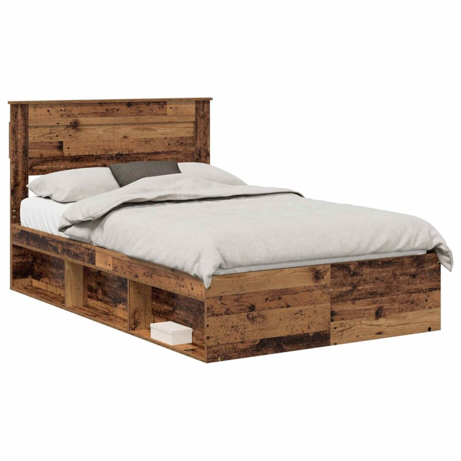 vidaXL - Bedframe - met - hoofdeinde - Oudhout - 120 - x - 200 - cm - Massief - grenenhout vidaXL - Bedframe - met - hoofdeinde - Oudhout - 120 - x - 200 - cm - Massief - grenenhout afbeelding 1