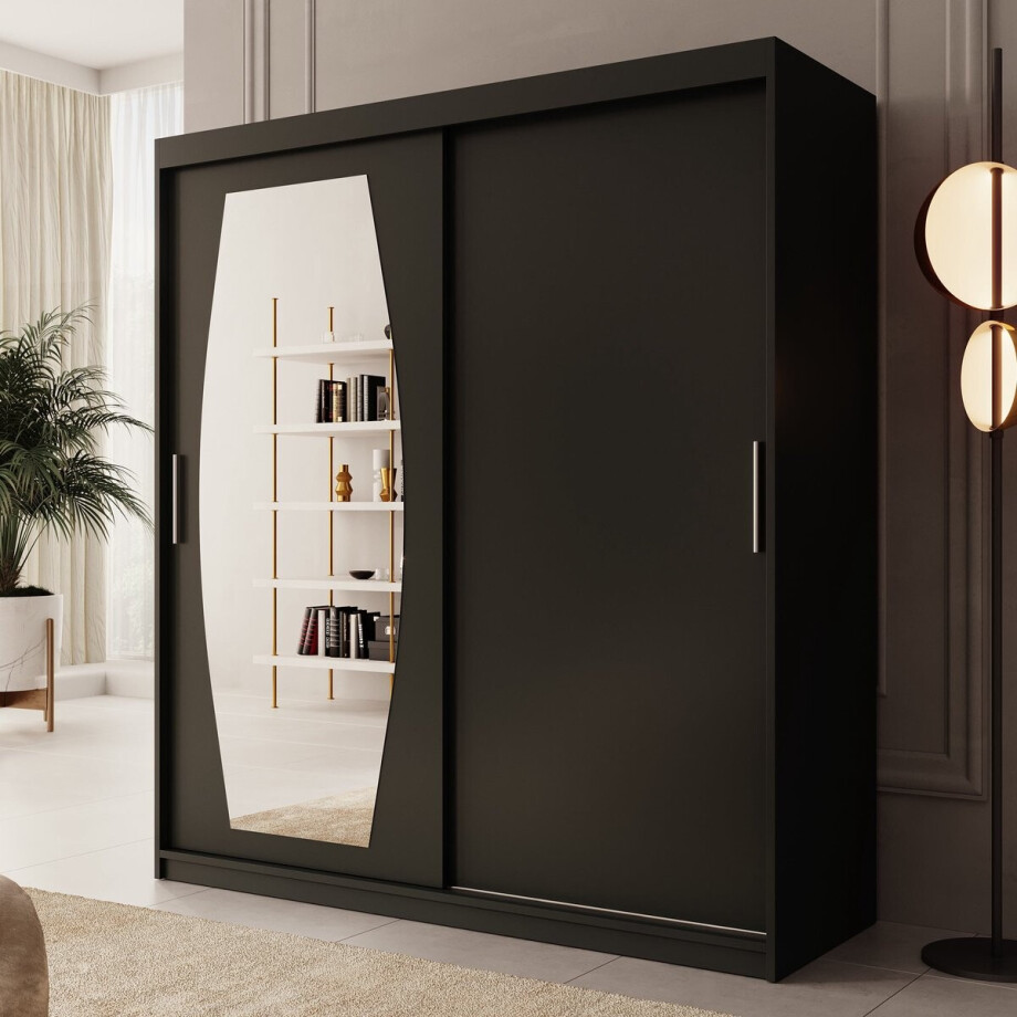 Meubella - Kledingkast Azai - Zwart - 180 cm - Met spiegel afbeelding 1