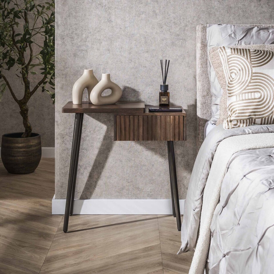 LifestyleFurn Nachtkastje Alania Links, Met 1 lade en legplank, Acaciahout - Massief acacia bruin afbeelding 1
