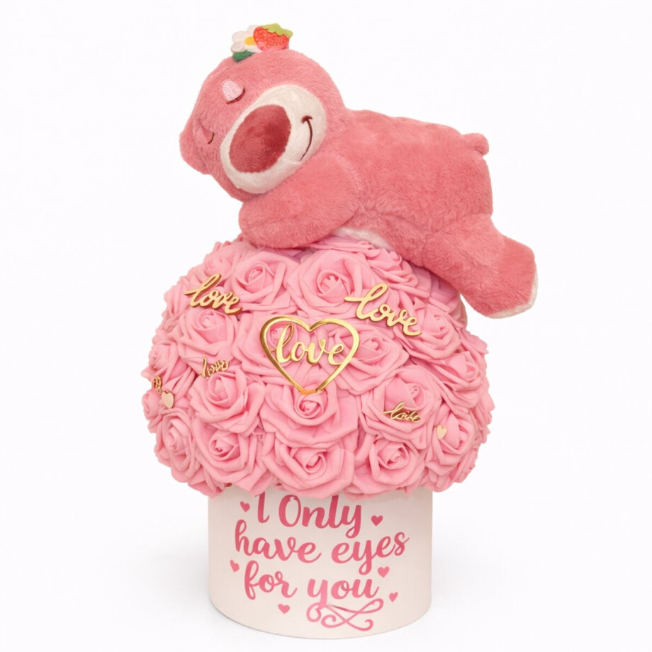 Handgemaakte Valentijn Bloemenbox met Slapende Beer – “Only Have Eyes For You” afbeelding 1