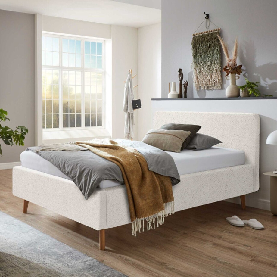 Bed Dalila 140x200cm teddystof - Wit - Meise - Tweepersoons gestoffeerd bed - Wit - Polyester Tweepersoons Normaal bed afbeelding 1