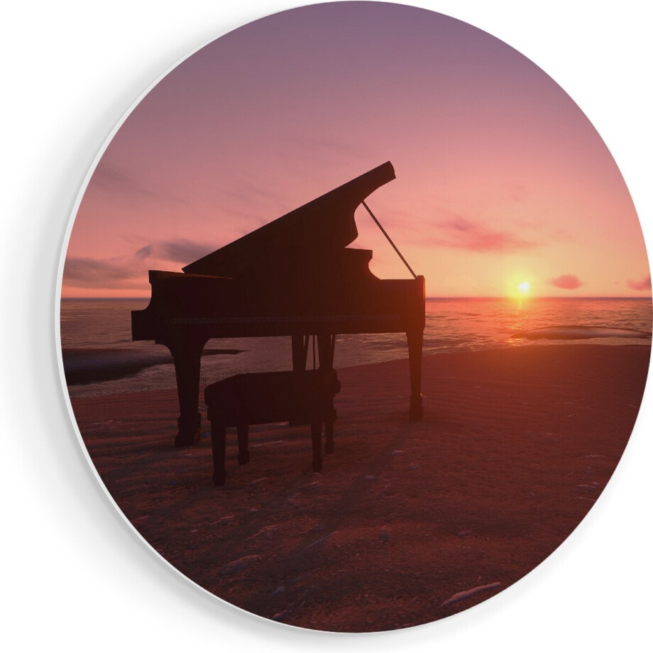 Artaza Forex Muurcirkel Piano op het Strand bij Zonsondergang - 50x50 cm - Klein - Wandcirkel - Rond Schilderij - Muurdecoratie Cirkel afbeelding 1